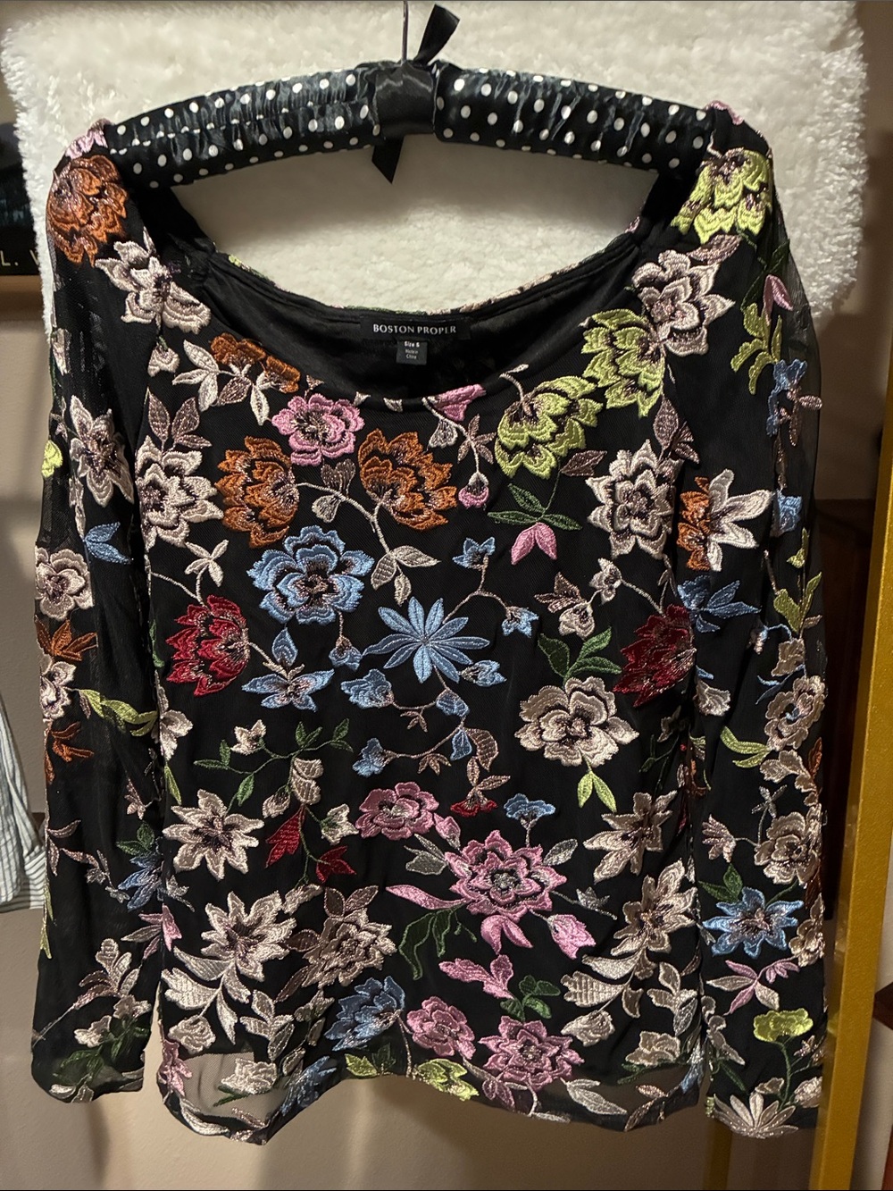 Boston Proper Black Floral Embroidered Long-Sleeve Top